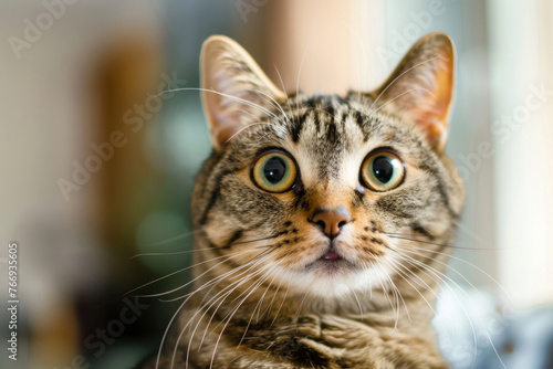 A skeptical and surprised tabby cat with big eyes