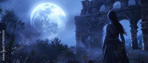 Capture a banshee in a sheer suit, standing by an ancient ruin under a full moon, her wail silent but visible
