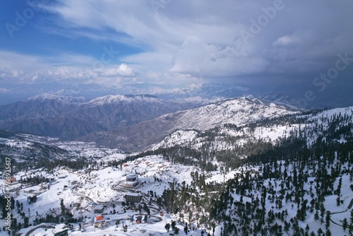 Aerial View of snow covered Malam Jabba Hill station in Himalayan Mountains