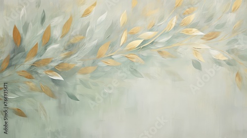 An abstract artistic background, retro, nostalgic, with golden brushstrokes. The background is textured. It is oil on canvas. Modern Art. Floral leaves, green, gray, wallpaper, poster, card, mural
