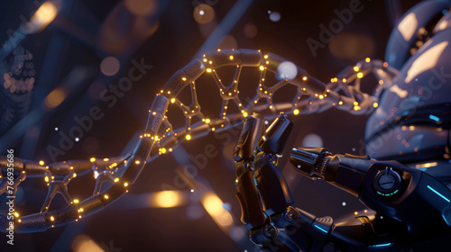a robotic hand, holding a glowing, digital representation of a DNA helix