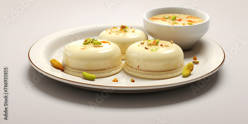 Sandesh is a dessert originating from the bengal created with milk and sugar with with white sueface background. photo
