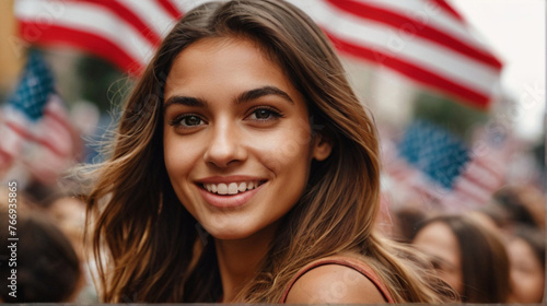 Portrait of beautiful young woman in front of american flag on the street in the crowd of protestors.