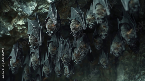A group of bats hanging upside down from a cave ceiling, resting in their natural habitat. photo