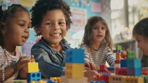 Joyful children engage in creative play with colorful blocks, evoking a sense of childhood wonder.