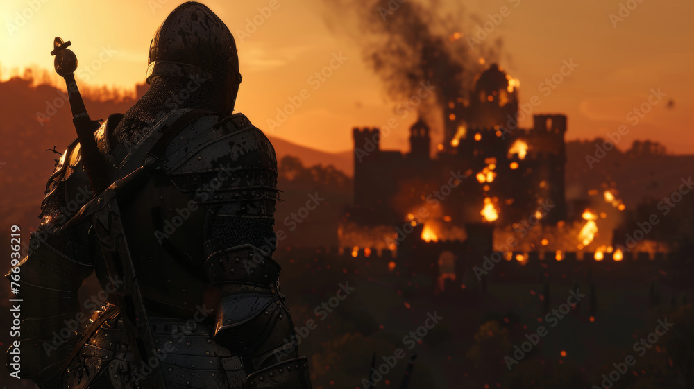 Knight overlooks a burning castle at sunset, a dramatic medieval scene.