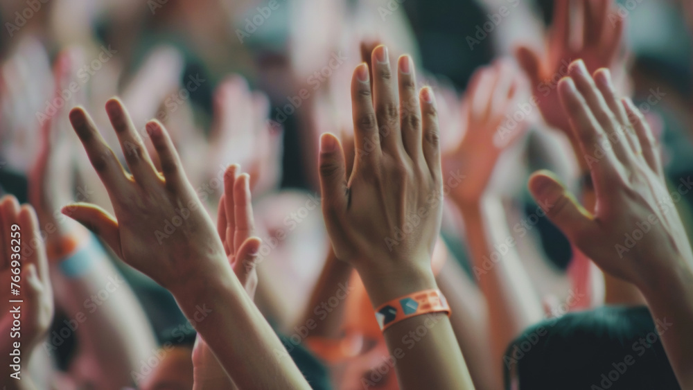 Diverse crowd of raised hands showing unity and participation in a dynamic event. Diverse crowd of raised hands showing unity and participation in a dynamic event.
