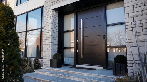 Modern house entrance with stylish door  symmetric steps and green plants.