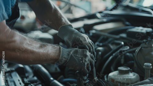 Mechanic's hands at work, delving into the engine bay, amidst the complexities of a car.