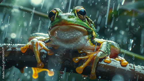 Close-up of a vivid green frog with striking eyes perched on a branch as rain droplets cascade around it, highlighting its vibrant skin and the glistening wet environment