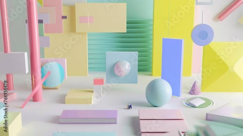 This 3D animation portrays a playful arrangement of pastel-colored geometrical shapes floating in a soft, dreamy environment, perfect for modern design and creative backdrops