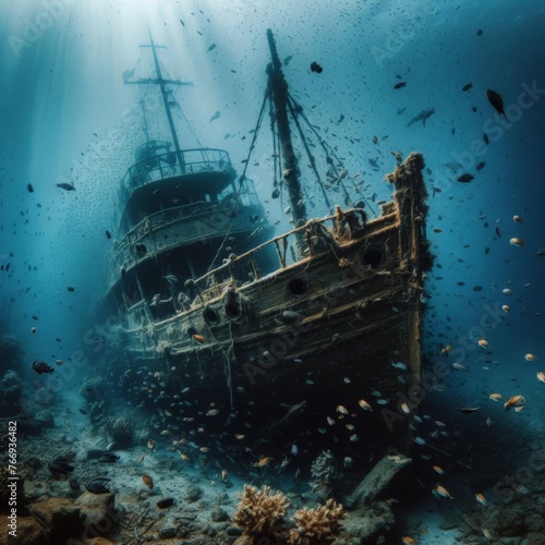 Shipwreck on tropical ocean floor, with fish 