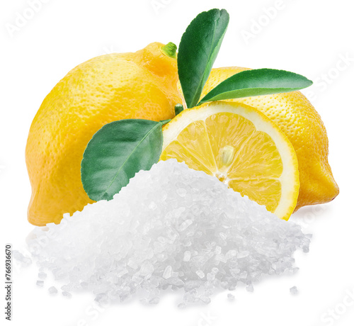 Citric acid powder with ripe lemon fruits isolated on white background. photo