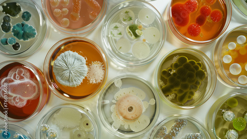 An assortment of colorful petri dishes showcasing biological cultures.