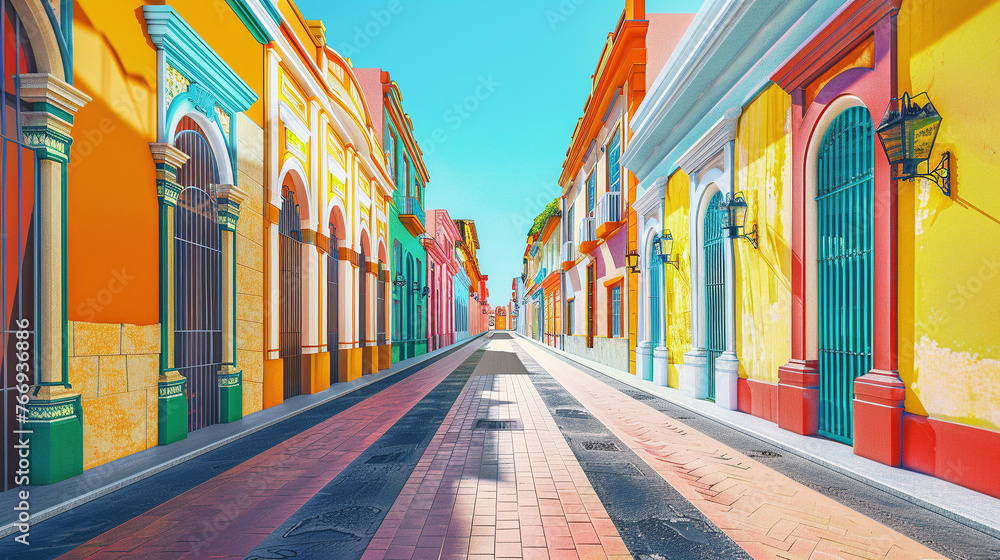 Obraz premium Serene Cityscape: Colorful Facades along Deserted Streets