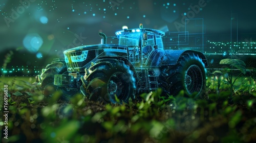 A stunning 3D visualization of Al-driven agriculture, featuring a tractor with holographic interfaces and neon lighting, illustrating cutting-edge farming technology