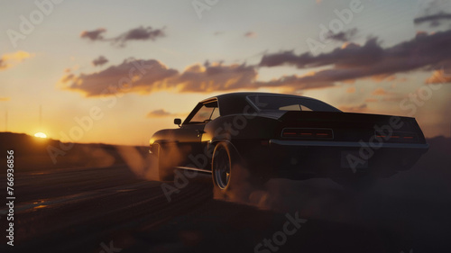 Muscle car in a dramatic sunset, kicking up dust on an empty desert road.