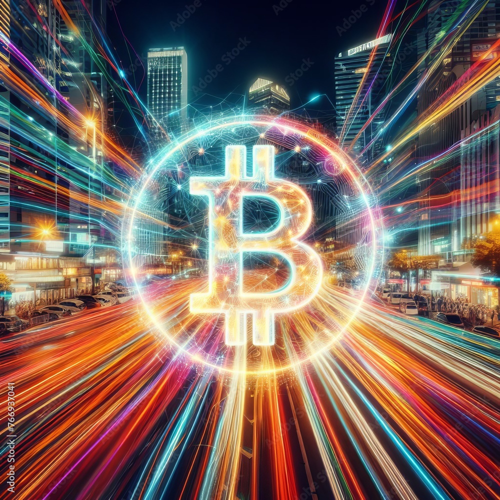 A radiant Bitcoin symbol illuminates a bustling cityscape at night with neon trails and digital effects. The image represents the dynamic energy of cryptocurrency within the modern urban environment