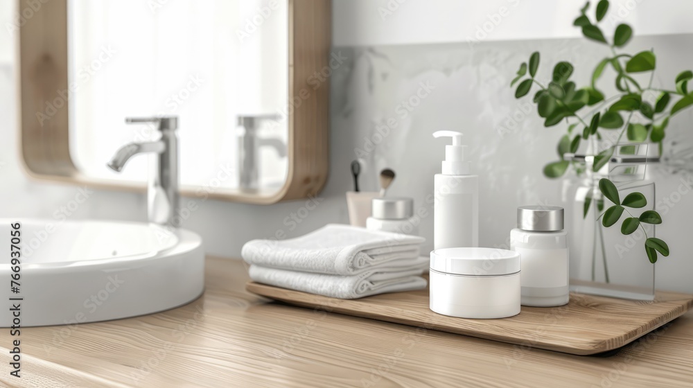 A set of facial cream, towels and a presentation space on a wooden desk in a modern white bathroom A set of facial cream, towels and a presentation space on a wooden desk in a modern white bathroom