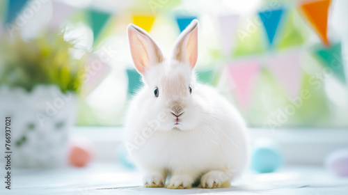 A cute white Easter bunny sits against the background of a festive multi-colored garland of flags and Easter eggs. Banner, greeting card with copy space. The concept of the religious holiday of Easter