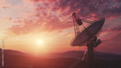 Majestic satellite dish facing sunset, a symbol of global communication and exploration.