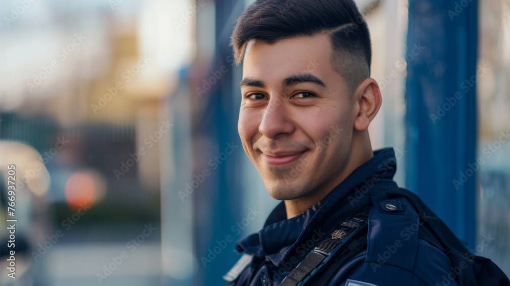 Smiling police officer in uniform, embodying a friendly face of law enforcement in the neighborhood. Smiling police officer in uniform, embodying a friendly face of law enforcement in the neighborhood.