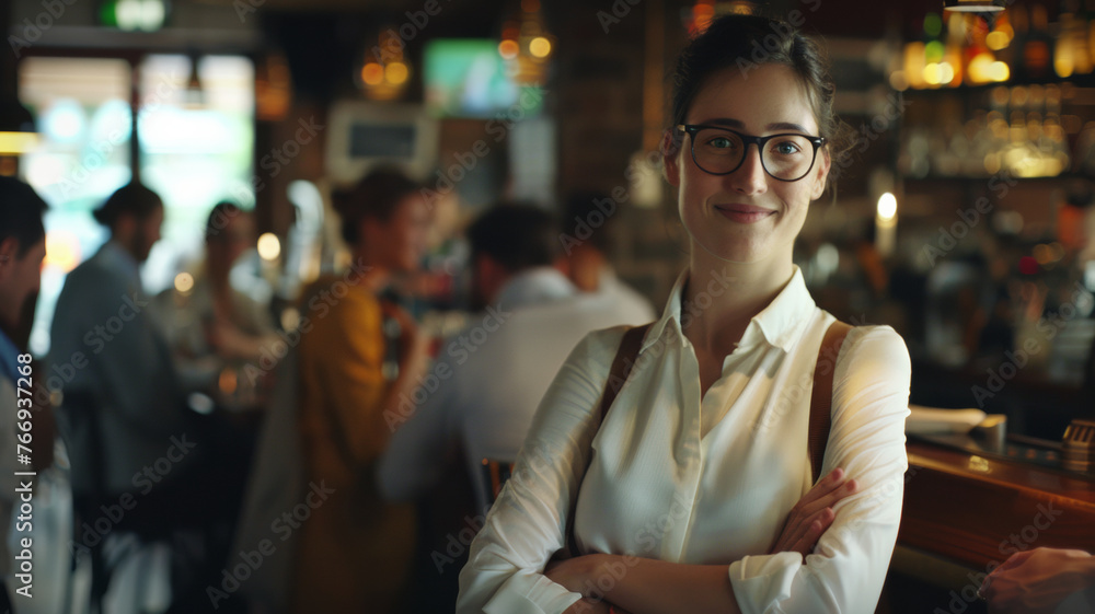 Confident woman smiling, arms crossed in a buzzing, cozy bar ambiance. Confident woman smiling, arms crossed in a buzzing, cozy bar ambiance.