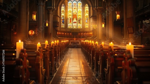 A candle-lit chapel with stained glass windows depicting scenes from religious texts  wooden pews worn smooth by centuries of use.
