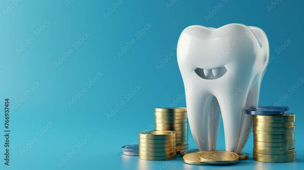 Dental investment A 3D tooth with gold coins suggests healthcare