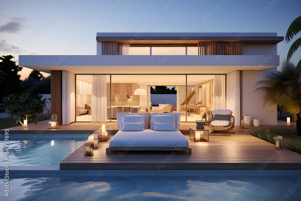 Modern high-tech building with a swimming pool and a huge sun lounger, generated by AI. 3D illustration Modern high-tech building with a swimming pool and a huge sun lounger, generated by AI. 3D illustration