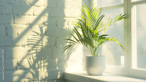 Plant basks in a sunlit room  casting gentle shadows on a white wall.