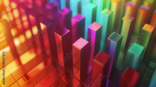 Colorful 3D bars graph casting vibrant shadows, symbolizing data analysis and diversity.