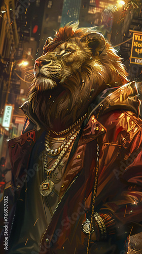 A cool lion MC dropping beats in the urban jungle photo