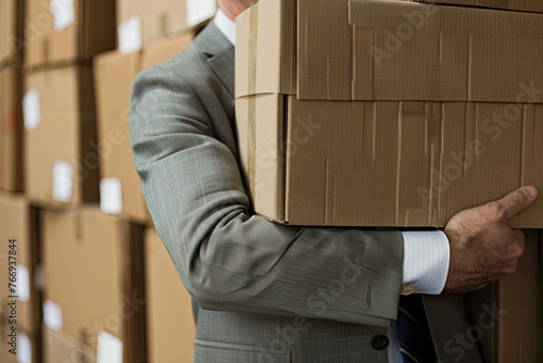 Businessman exerting effort to move a stack of cardboard boxes photo