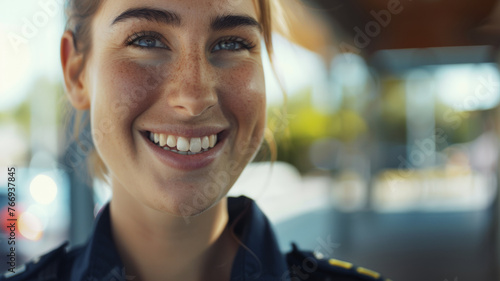 Smiling police officer portrait radiating confidence and friendliness on duty.