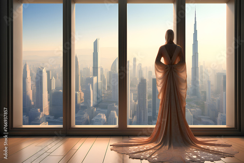 A luxurious woman in a Muslim dress with a scarf on her head looks out the window against the backdrop of a modern city,  generated by AI. 3D illustration © Виталий Сова