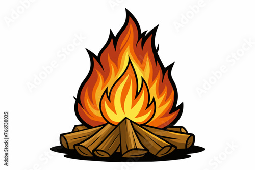 Bonfire isolated on a Completely white background, clean edges, cartoon style with low detail, flat color, strong black contour lines