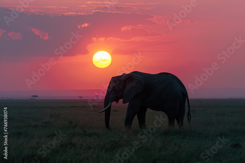 A portrait of an elephant against the backdrop of a breathtaking African sunset