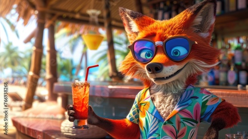 Cartoon fox drinking a cocktail at a beach bar in bright T-shirt and sunglasses. Summer vacation, mood. bright Illustration