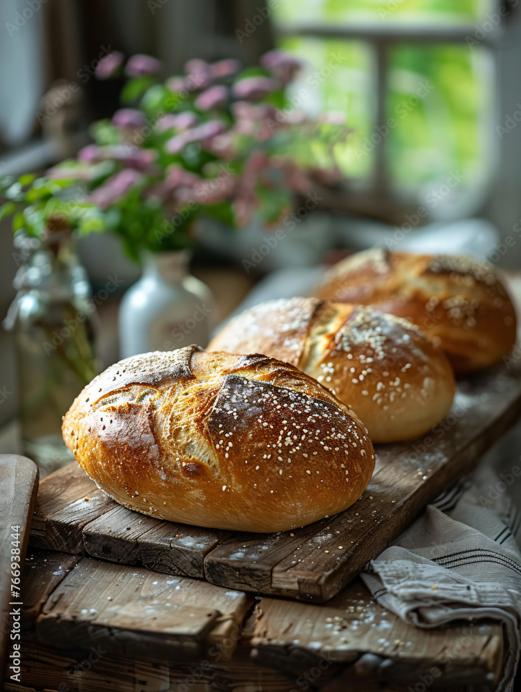 Artisan bread on rustic wooden table. Close-up bakery photography with natural lighting for design and print. Homemade bread concept with kitchen setting Artisan bread on rustic wooden table. Close-up bakery photography with natural lighting for design and print. Homemade bread concept with kitchen setting