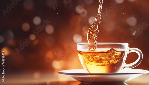 A cup of tea is poured into a glass cup