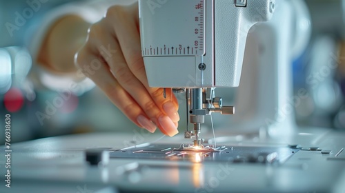 Female dressmaker working with sewing machine at textile factory. Woman stitching details on industrial sewing machine, hands holding material in closeup. Texttile manufacturing industry concept photo