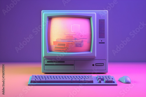 Vintage 1980s personal desktop computer with screen and keyboard in pink and purple,  generated by AI. 3D illustration