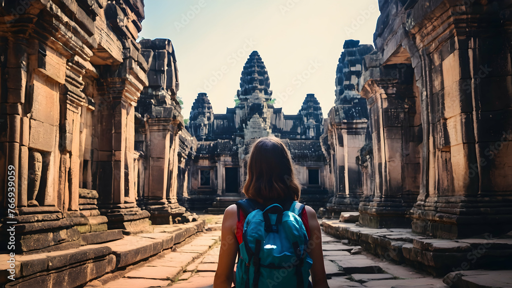 Fototapeta premium Photo real for Backpacker at the ruins of Angkor Wat in Backpack traveling theme ,Full depth of field, clean bright tone, high quality ,include copy space, No noise, creative idea