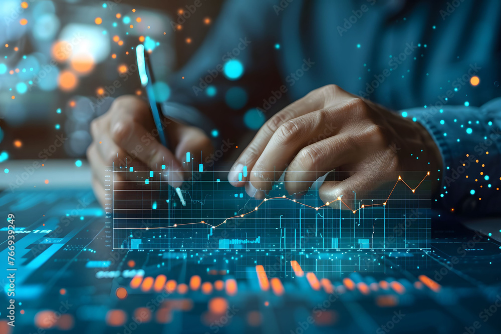 Businessman analyzing and drawing growth graph on futuristic digital interface Businessman analyzing and drawing growth graph on futuristic digital interface