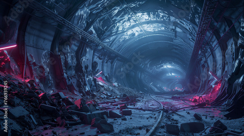 a breach in a network of underground tunnels, with debris scattered and emergency lights flashing as rescue teams work to evacuate trapped miners or explorers. photo