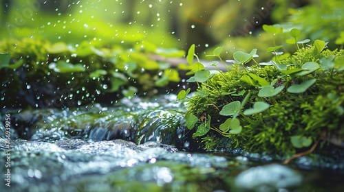 Beautiful Spring Detailed Close Up Stream of Fresh Water with Young Green Plants. Banner  Springtime  Outdoor  Wild  Nature  Background  Plant  Flow  Flowing  Scenery  Ecology 