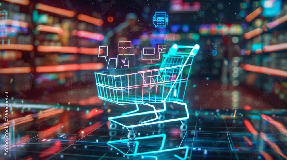 An engaging 3D animation of a holographic shopping cart filled with glowing digital products, symbolizing the convenience and futuristic aspect of online shopping. The scene is set against An engaging 3D animation of a holographic shopping cart filled with glowing digital products, symbolizing the convenience and futuristic aspect of online shopping. The scene is set against