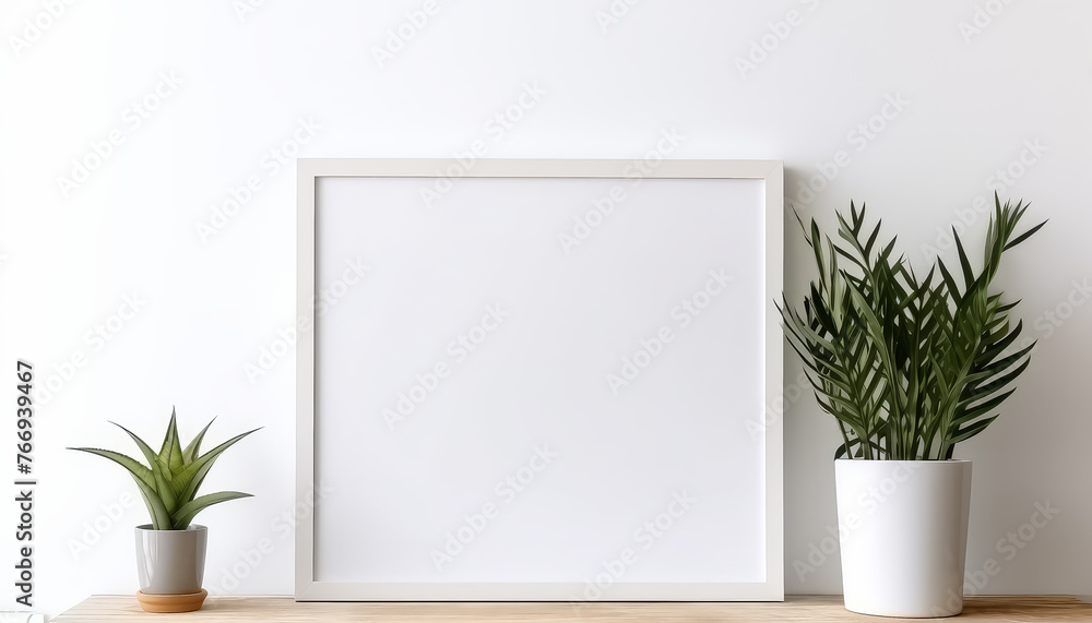 A black frame with a white background sits on a wooden table