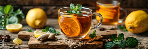 Ginger tea with lemon and mint in glass cup at old wooden board in rustic style. © Prasanth